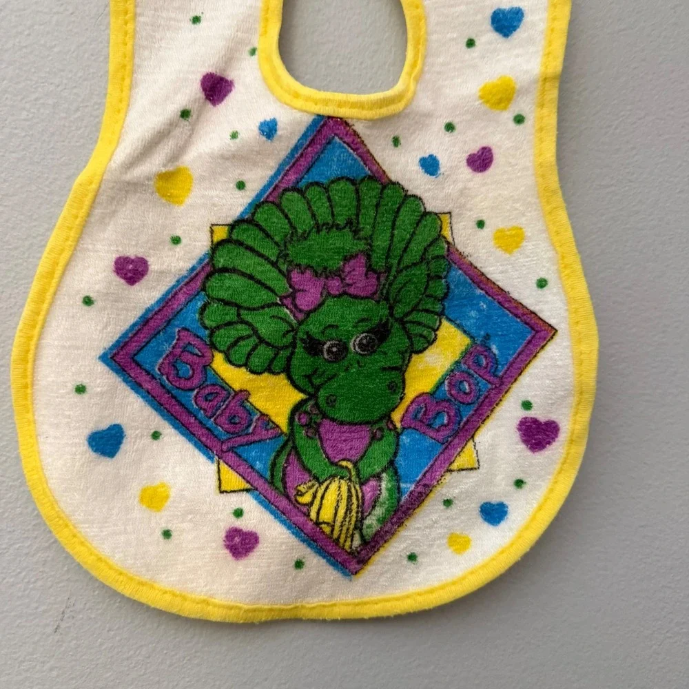 Vintage 90s Baby Bop Barney Terry Cloth Baby Bib Vinyl Backed